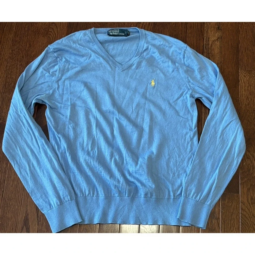 Polo Ralph Lauren Sweater Mens Medium Blue Cashmere Blend V Neck Pullover Preppy